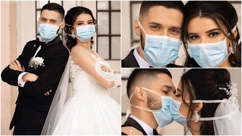 FOTOT/ Dasmë në kohë të vështirë, çifti shqiptar jep puthjen e martesës përmes maskave: Dashuri në kohë korone