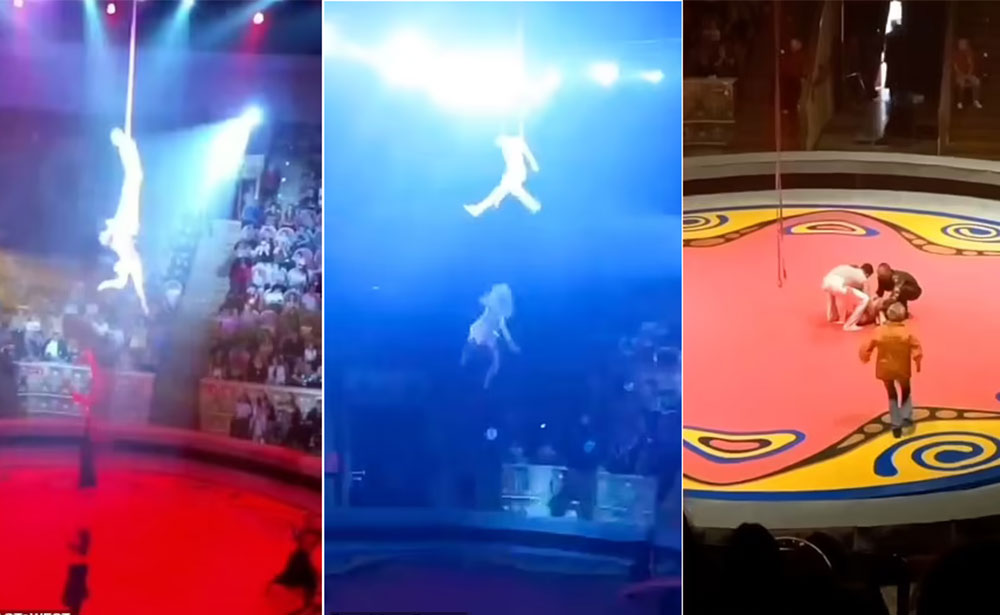 Video/ Momentet e tmerrit kur akrobatja nuk arrin të kapë dorën e bashkëshortit, bie në mes të skenës së mbushur të cirkut rus (fotot)