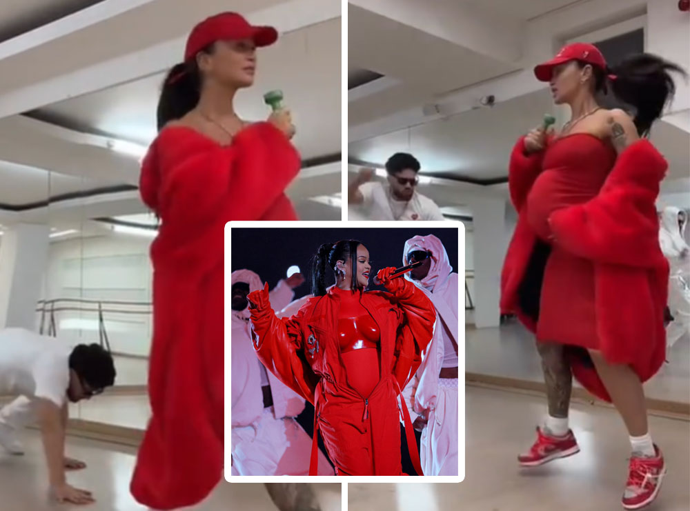 Dafina Zeqiri rikrijon performancën e Rihannas në “Super Bowl” e veshur në të kuqe dhe barkun e fryrë artificial